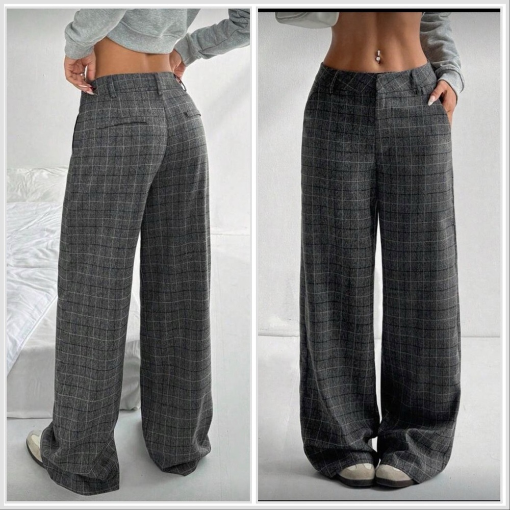 High-Rise Wide Leg Plaid Pants in Charcoal Gray